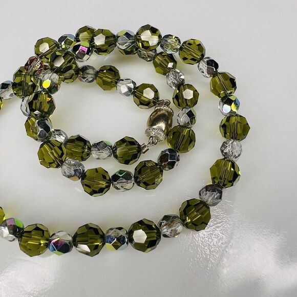 Vintage Art Glass Necklace Crystal Olive Green Clear AB Sterling Silver 4722 - Picture 6 of 13